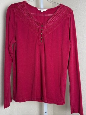 Lucky Brand Sz L Long Sleeve Henley Preppy Y2K Academia Vneck Lace Detail